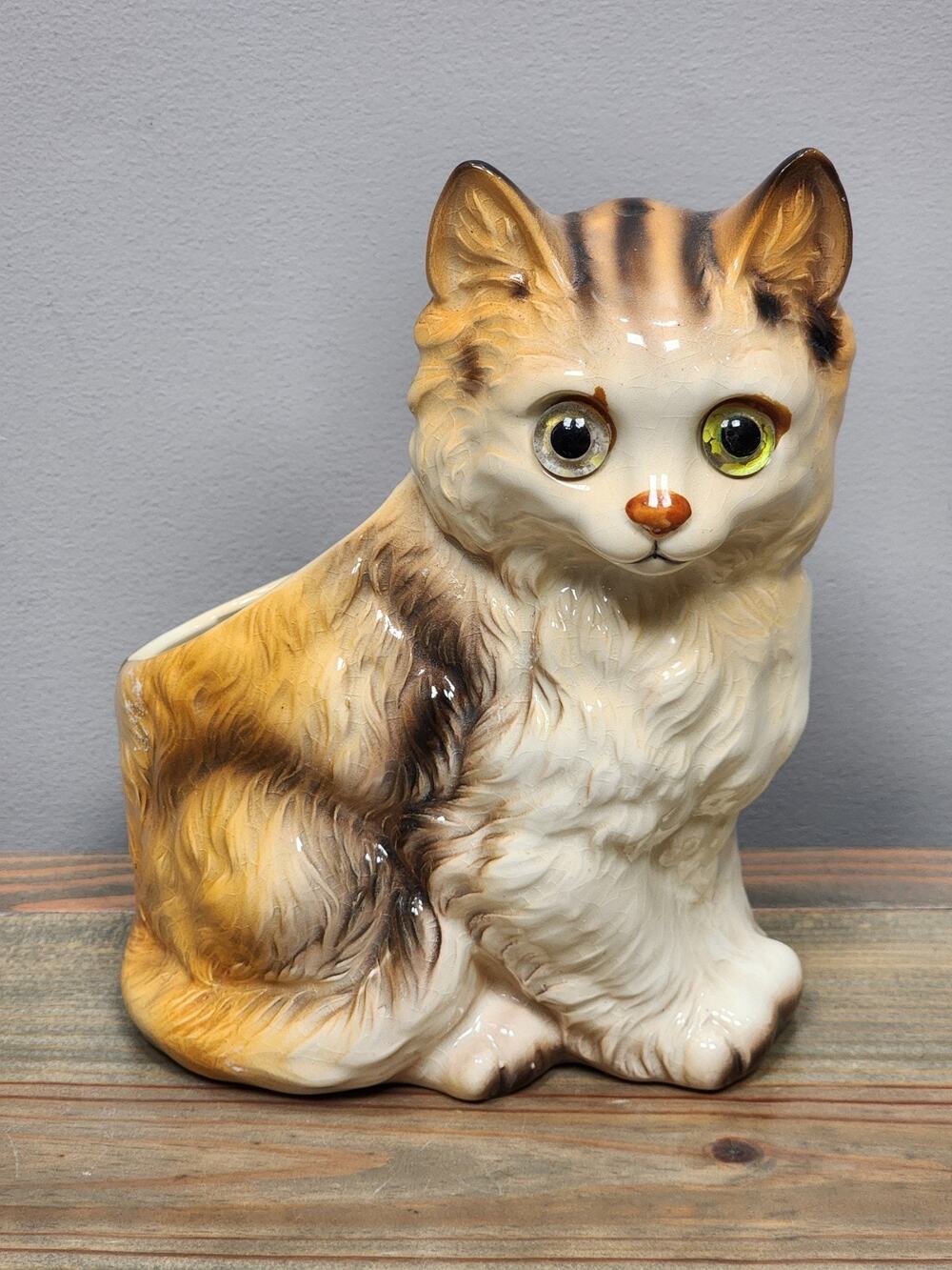 Vintage Lefton Ceramic Big-Eyed Cat Planter w/ Original Sticker - Japan